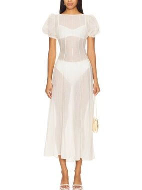 LPA Sheer Puff-Sleeve Midi Dress in White